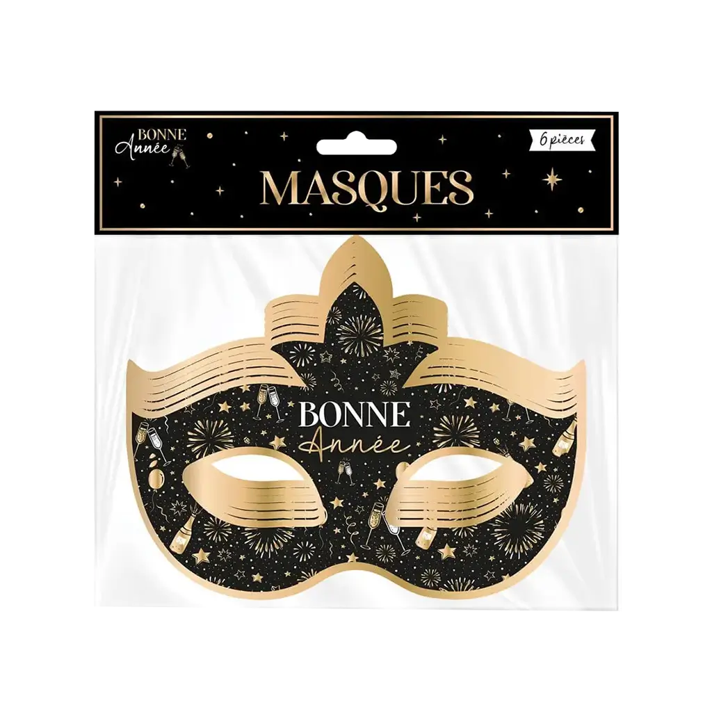 Venezianische Maske "Gutes Neues Jahr" Schwarz und Gold - 6er-Set